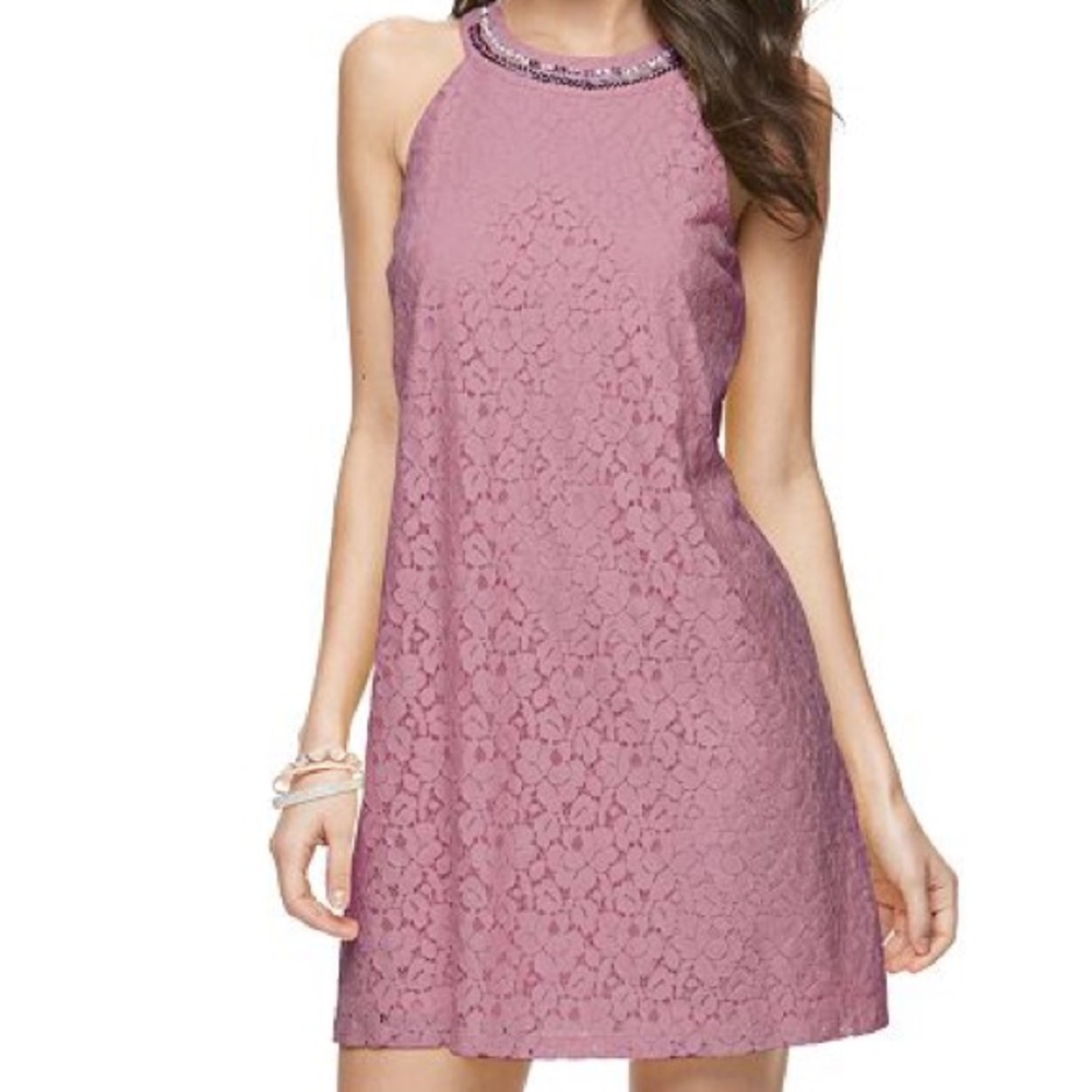 Candies foxglove lace halter mini dress